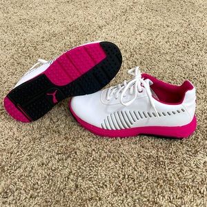 New! Puma Everlock Golf Shoes White/Pink/Silver/Black Women’s Sz 7.5 Men’s Sz 6